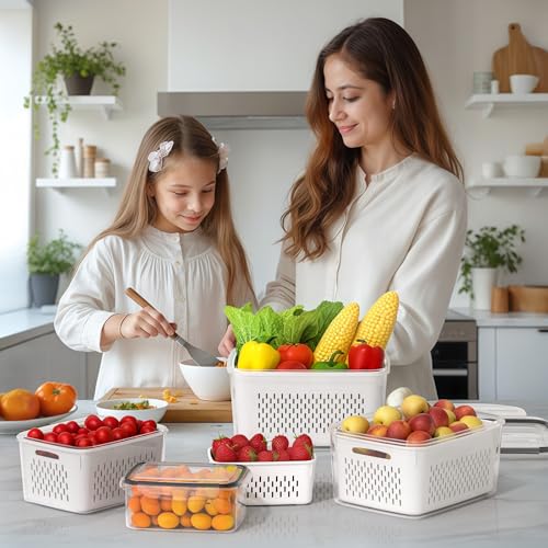 4 PCS Fruit Storage Containers for Fridge, Produce Containers for Fridge with Removable Colander, All-In-One Fruit Washing Bowl with Strainer Microwave/Dishwasher Safe for Salad Berry Lettuce Keeper - color: 4 PACK
