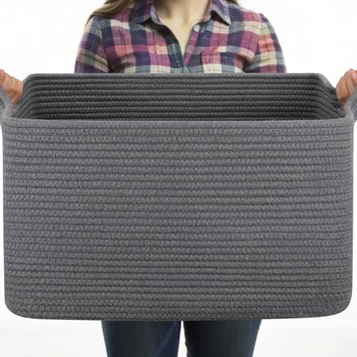 OIASKET Large Toy Basket, Rectangle Woven Rope Storage Basket for Blankets, Dirty Clothes, Shoes, Nursery Organizer Bins (Dark Grey) - color: Dark Grey, size: 19.7"x15.8"x11.8"