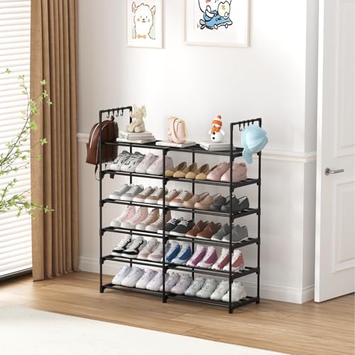 2-Row 6-Tier Stackable Shoe Rack, Black Metal Shoe Shelf with Multifunctional Hooks, Hold 24-30 Pairs, Space Saving Shoes Organizer for Closet,Show Rack - size: 2 Row 6 Tier