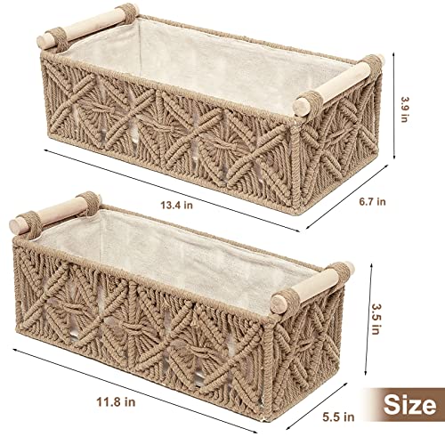 Macrame Storage Basket Boho Decor Baskets for Organizing Woven Decorative Basket for Countertop Toilet Paper Basket for Toilet Tank Top Shelf Basket with Handle for Bathroom Decor Nursery (Set of 2) - color: Beige