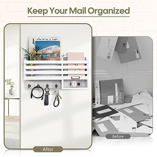 FifthQuarter Key Holder for Wall: Easy Mounted Key Rack and Mail Organizer with Store Shelf and Four Sturdy Keys Hooks Decor in Kitchen|Farmhouse|Entryway|Mudroom (White) - color: C-White