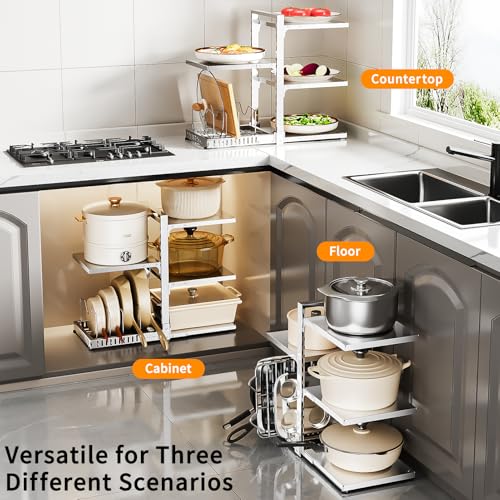 PureBox Pots and Pans Organizer Rack with Lid Holder – 8 pots, 304 Solid Stainless Steel Shelves Heavy Duty Adjustable Under Cabinet Pot Rack, Double-Sided Cabinet Organizer, Holds 100Lbs, Silver - color: Silver