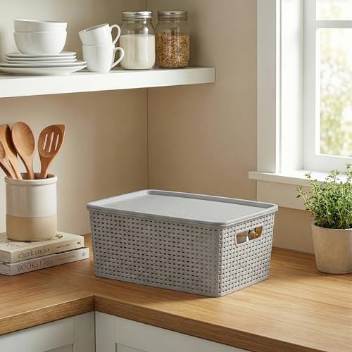 BINO | Plastic Storage Baskets with Lids, 15.5 Liter - 3 Pack, Natural Grey | THE WOVEN COLLECTION | Storage Basket for Shelves | Woven Storage Baskets for Organizing Bins | Pantry Shelf Organizer Bin - color: Natural Grey, size: 13.5L | 3-Pack