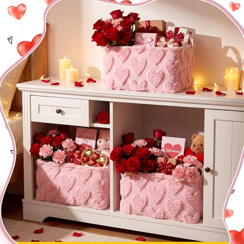 Kathfly Pink Heart Storage Baskets Valentine's Day Plush Faux Fur Jacquard Design Laundry Basket with Handles Waterproof Storage Bins Fabric Shelf Baskets for Organizing - style: Pink Heart