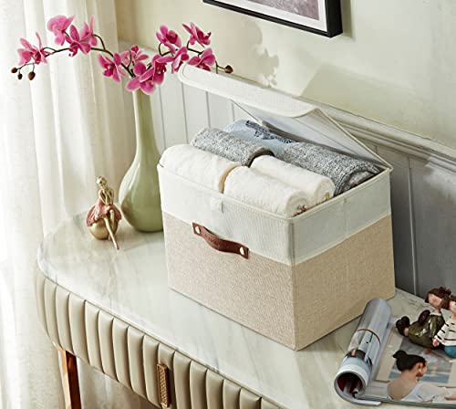 DECOMOMO Fabric Storage Bins with Lid, Storage Baskets for Shelves (Beige and White, 3 Pack) - color: Beige and White, size: Large