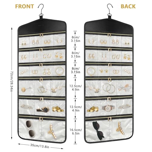 CHICECO Hanging Jewelry Organizer With Zippered Pockets,40 Pockets Travel Jewelry Organizer Storage for Cloest,Wall,Door - color: 1Beige
