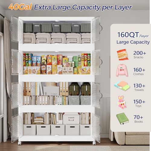 160Gal/640QT 4-Tiers Extra Large Stackable Storage Bins with Lid, Collapsible Cabinet Closet Organizer Plastic Container Box with Wheels Doors Drawers for Office Dorm Kitchen, White - color: White, size: 40Gal-4Pack