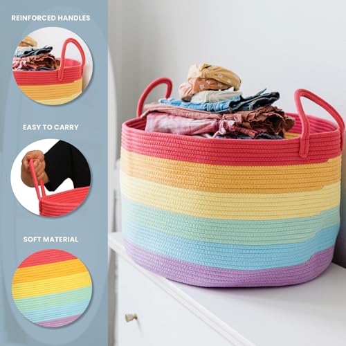 OrganiHaus Rainbow Blanket Basket for Classroom & Nursery, Extra Large Woven Laundry Basket w/Handles, Kids Toy Organizer & Storage, Soft Round Dog Toy Storage Bin, Cute Bin - 20"x13" in - color: Rainbow, size: Wide