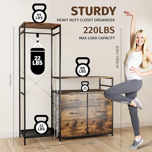 Heavy Duty Garment Rack with Fabric Drawers and LED Light, Freestanding Portable Closet Wardrobe Systems with Shelves for Bedroom, Entryway, Apartment - color: Chestnut