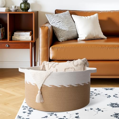 OIAHOMY 90L Blanket Basket for Living Room, Large Basket 23" x 23" x 13" with Handle, Laundry Hamper for Blankets, Pillows, Toy Storage for Kids, Dogs - Yellow & White - color: Yellow & White, size: 23" x 23" x 13"