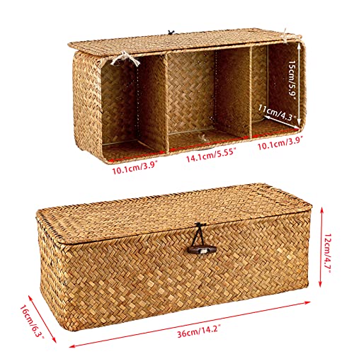 Sumnacon Small Woven Basket for Shelf, Wicker Shelves Storage Baskets with Sections Seagrass Storage Bin with Lid for Tampon Toiletry Rectangular Storage Basket for Bathroom Table Desk Caramel - color: Caramel, size: Medium