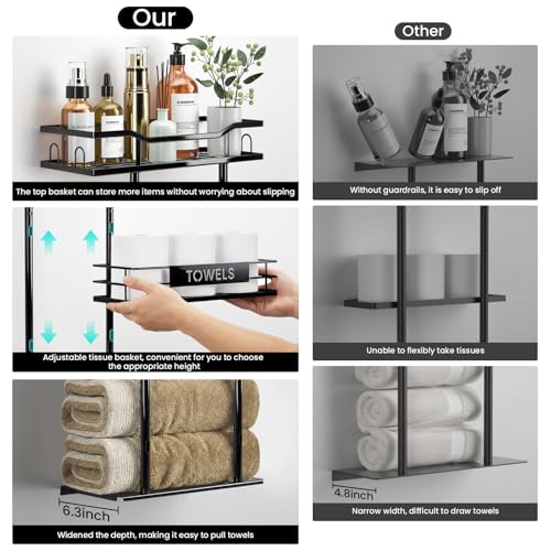 Towel Racks for Bathroom, 30inch Wall Mounted Towel Rack, Towel Storage for Small Bathroom Can Holds 6 Large Towels, Floating Shelf with Adjustable Tissue Basket(Black). - color: Black