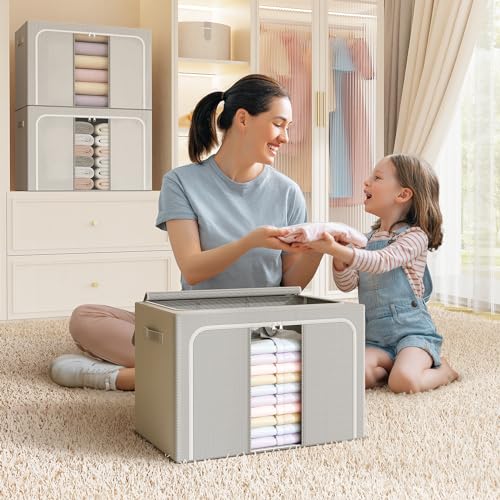 Clothes Storage Bins with Metal Frame Foldable Storage Box Clothes Organizers Storage Containers for Clothes Sheets Blankets Books Toys Gifts and Holiday Decorations (24Lx3 Pack) - color: Light gray, size: 24L（15.7“X11.81"X7.87")