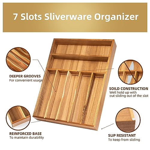 Besilord Silverware Organizer Kitchen Drawer Organizer Utensil Organizer Acacia Silverware Holder Cutlery Organizer in Drawer Flatware Organizer Tray(7 slots, Acacia - color: Acacia, size: 7 Slots