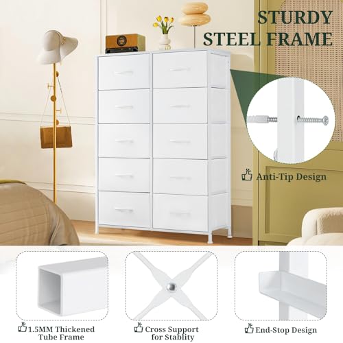 10-Drawer Dresser for Bedroom, Anti-Tip Tall Storage Organizer Chest of Drawers with Wooden Top and Metal Frame Fabric Bins for Closet, Living Room, Hallway, Entryway, White - color: White, size: 11.8"D x 31.4"W x 45.6"H (10 Drawers)
