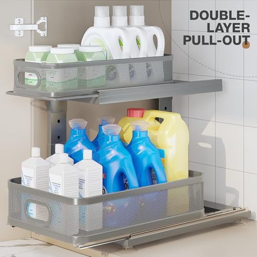 2 Pack 15.5IN-Depth Under Sink Organizer With Next-Gen Ball-Bearing Slides,2-Tier Precision Mesh Pull Out Cabinet Storage for Bathroom&Kitchen,Height Adjustable Drawers Shelf,Anti-rust-Grey - color: Gun Gray, size: 2 Pack-15.5"Dx12.4"-16.5"H