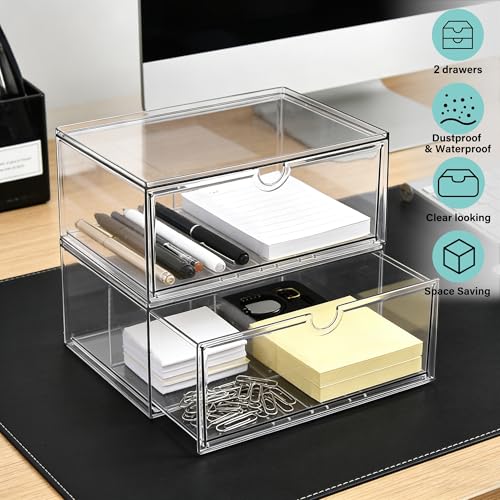 Prsildan Acrylic Makeup Organizer, 2 Pack Stackable Clear Storage Drawers for Baby Bottles Desk Organizers with 2 Drawers for Countertop Vanity Nursery Modular System for Cosmetics Jewelry - style: Style1-2 Drawers