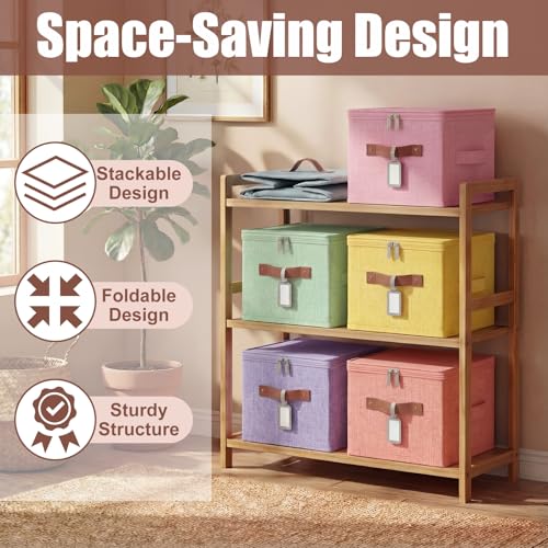 6 Pack Fabric Closet Storage Bins with Zipper Lids and Label, 10×8×7In Large Foldable Linen Decorative Storage Cubes with Leather Handle for Nursery, Pink, Purple, Blue, Green, Yellow, Orange - color: Pink, Purple, Blue, Green, Yellow, Orange, size: 10×8×