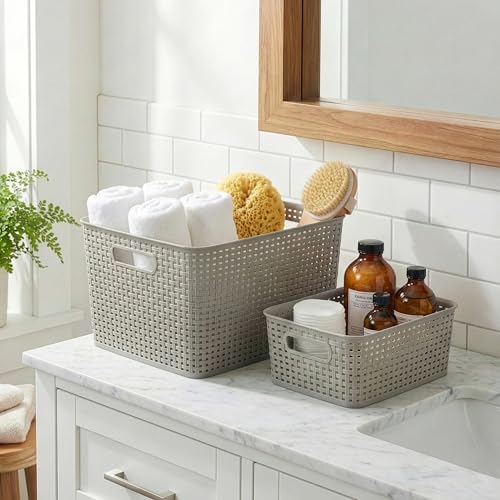 BINO | Plastic Storage Baskets, 33 Liter - 3 Pack, Natural Grey | THE WOVEN COLLECTION | Storage Basket for Shelves | Woven Storage Baskets for Organizing Bins | Pantry Shelf Organizer | Container Bin - color: Natural Grey, size: 33L | 3-Pack