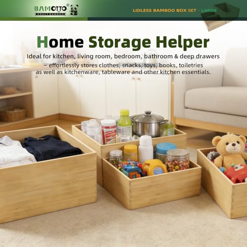 BAMOTTO CRAFTBAMBOO 3-Piece Large Bamboo Storage Box Set - 7.1in High Stackable Deep-Drawer Organizer, Lidless Bamboo Bin for Kitchen Cutlery Utensils Knives (14.6"x10.2"x7.1"*1 + 10.2"x7.3"x3"*2) - color: 3-Piece Bamboo Box Set - Large, size: 14.6"L x 10