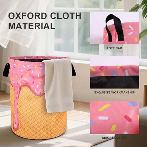 Pink Ice Cream Laundry Basket Foldable Oxford Cloth Tote Bag Laundry Hamper Clothes Storage Bucket Organizer For Bathroom/Laundry Storage/Bedroom 19.6x15.7 Inch - color: Pink Ice Cream