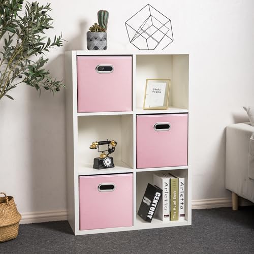 PRANDOM Leather Foldable Cube Storage Bins 13x13 inch [4-Pack] Fabric Storage Baskets Cubes Drawer with Cotton Handles Organizer for Shelves Nursery Closet Bedroom Clothes Pink - color: Pink, size: 13x13 in(4-Pack)