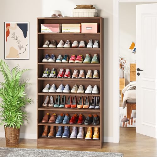 Tribesigns Tall Shoe Cabinet, 9 Tiers 40-45 Pairs Heavy Duty Wood Freestanding Shoe Storage Cabinet, 70.8'' Tall Shoe Cabinet with Open Storage for Entryway (1, Brown) - color: Brown