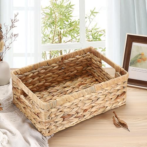 Wicker Basket for Shelf Woven Open Storage Bins with Built-in Handles Handwoven Water Hyacinth Storage Baskets Box for Living Room Bathroom Kitchen,13.8"L x 9.3"W x 5"H - size: 13.8"L x 9.3"W x 5"H