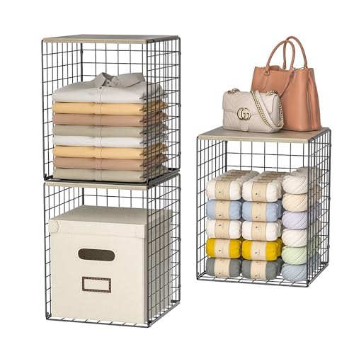 Taller Closet Organizers and Storage with Wood Top, Set of 3 Stackable Wire Storage Bins for Clothes, Bags, Towels, Double Storage Design, Sturdy Metal Cube Shelf Organizer for Closet Wardrobe, Black - color: BLACK, size: 12.2"L x 12"W x 15.74"H