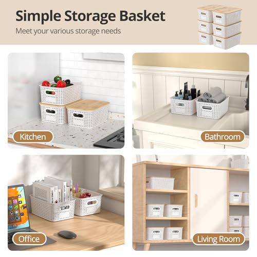 Plastic Storage Baskets with Bamboo Lids, Stackable Small Box Bins for Organizing and Containers for Shelves Drawers Desktop Closet Pantry Classroom Office Home, 6 Pack 10.2x7.2x4.1 Inch, White - color: White