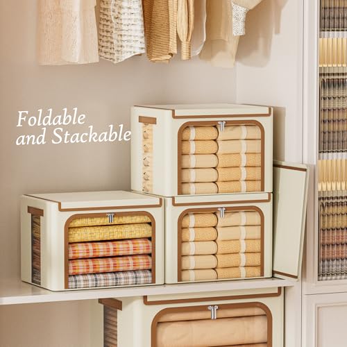 Yecaye Clothes Storage Bins with Metal Frame, Foldable Clothing Storage Bin with Lid, Stackable Oxford Fabric Organizer Box With Clear Window & Zippers & PU Leather Handles (3 Pack,Beige,66L) - color: Beige, size: 66L Large(3 Pack)