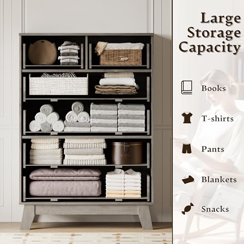 BORNOON 46" Tall Dresser for Bedroom, 6-Drawer Fluted Chest of Drawers, Modern Wood Highboy with Deep Storage, Metal Slides and Handles, Anti-Tip Kit, Vertical Clothes Organizer for Apartment, Nursery - color: Rustic Drift, size: Tall 6-Drawer