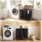 Bamboo Laundry Hamper 3 Section with Lid, 150 L Laundry Sorter with Pull-Out Removable Washable Bags, 3 × 12.5 Gal Divided Laundry Baskets for Laundry Room, Bathroom (Black)