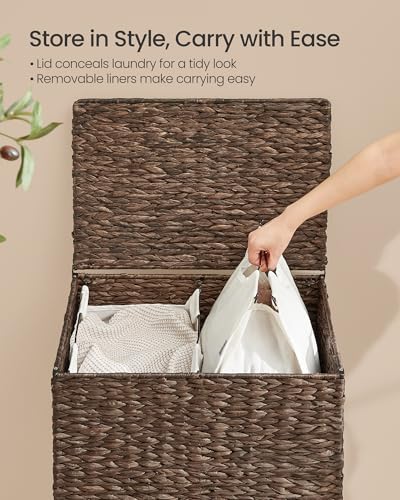 SONGMICS Laundry Hamper 2 Sections, 34.3 Gal. (130 L) Handwoven Water Hyacinth Wicker Laundry Basket with Lid, Natural Material, Removable Machine Washable Liners, Handles, Espresso ULCB202K01 - color: Espresso, size: 130 L (Handwoven)