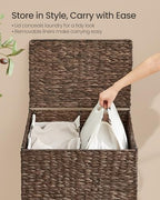 SONGMICS Laundry Hamper 2 Sections, 34.3 Gal. (130 L) Handwoven Water Hyacinth Wicker Laundry Basket with Lid, Natural Material, Removable Machine Washable Liners, Handles, Espresso ULCB202K01 - color: Espresso, size: 130 L (Handwoven)