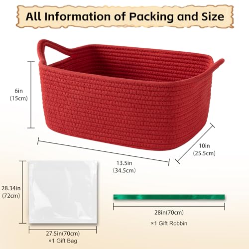 OIAHOMY Woven Basket, Gift Basket Empty with Gift Bags and Ribbons, Rope Baskets for Baby Showers, Storage Baskets with Handles for Nursery, Pet Toy Organizer - Red - color: Red, size: Medium: 13.5L*10W*6H