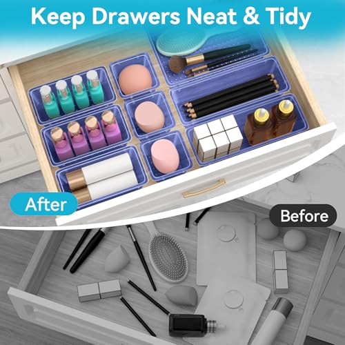 ElegantArray 12 PCS Drawer Organizer Set, 4 Sizes Tool Storage Trays, Clear Plastic Makeup Vanity Organizer and Storage Bins for Stationeries, Multiple Gadgets for Office, Bedroom, Navy Blue - color: Navy Blue, size: 12 PCS