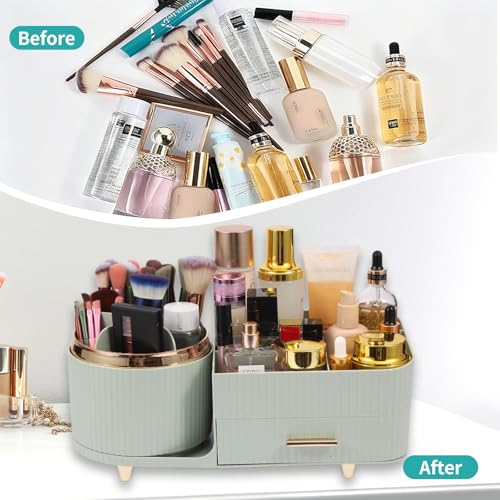Makeup Organizer Countertop with Drawer 360 Rotating Brush Holder Storage Large Capacity Skincare Cosmetic Display Cases for Vanity Bathroom Desktop, Model 3016 Green - color: Green