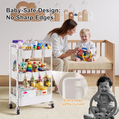 Diaper Cart Organizer with Wheels, 3 Tier Rolling Bedside Cart for Baby Essentials, Baby Organizers and Storage Diaper Caddy Carts for Changing Table, Crib, Bedroom, Newborn Nursery Supplies, White - color: White, size: 3-Tier + Cups + Hooks