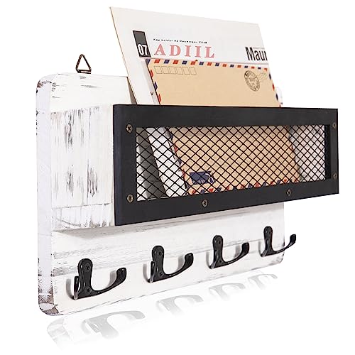 ADIIL Mail and Key Holder for Wall Decorative, Wooden Wall Mount Key Rack Hanger Organizer with 4 Double Key Hooks, Rustic Home Decor for Entryway Hallway, White - color: White