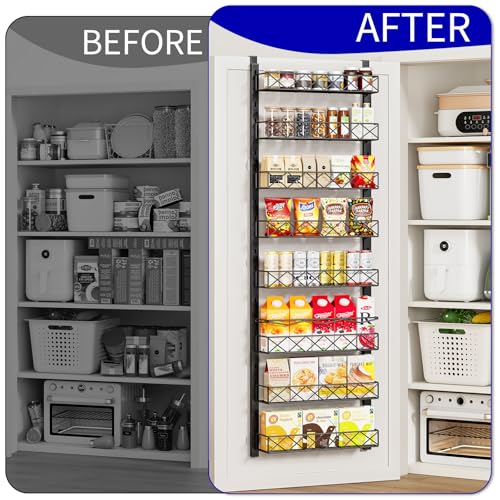 MIAOLI Over the Door Organizer, Black 8-Tier Pantry Door Organizer with Adjustable Basket, Hanging Spice Rack Cabinet Door Shelves, Laundry Room Organization and Storage - color: Black, size: 8-Tier
