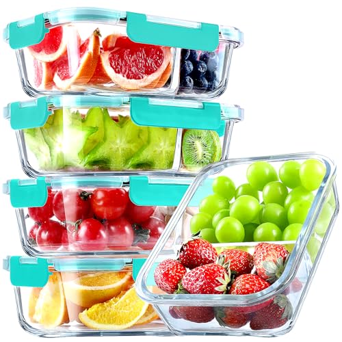 VERONES 5 Pack Glass Meal Prep Containers 2 Compartment Set, 36OZ Airtight Glass Lunch Containers, Glass Food Storage Containers with Lids, for Microwave, Oven, Freezer & Dishwasher Friendly,Green - color: Green