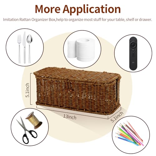Cable Management Box, Desk Handwoven Rattan Cord Hider Cable Organizer Box With Lid Button Lock, Power Strip Cover Wicker Decorative Basket, Floor Wire Hiding Extension Cord Box (dark brown) - color: Brown
