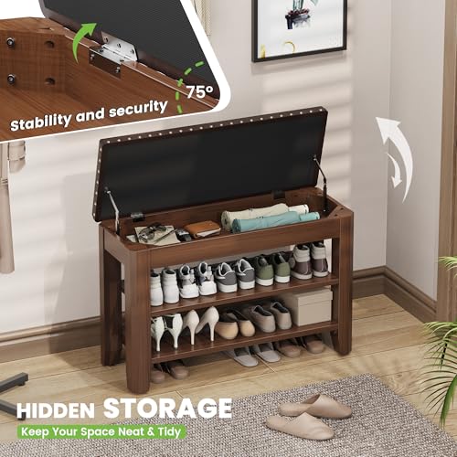Shoe Bench for Entryway, Solid Rubberwood Shoe Bench with Hidden Storage, Adjustable 2-Tier Shelves & Soft PU Leather Seat, Shoe Rack Durable Easy Assembly for Hallway or Bedroom - Brown, 31.5" - color: Brown, size: 31.52"W x 11.82"D x 20.47"H