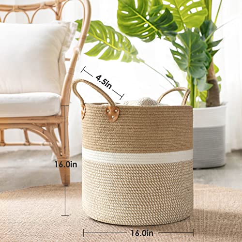 CHICVITA Extra Large Woven Storage Basket with Handles – Laundry Basket Toy Towels Jute Blanket Basket Home Decor Gift, 16" x 16", White - color: White, size: 16"W x 16"H