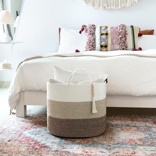 Mkono Woven Storage Basket Decorative Natural Rope Basket Wooden Bead Decoration for Blankets,Toys,Clothes,Shoes,Plant Organizer Bin with Handles Living Room Home Decor, 16" W × 13.8" L - color: Gradient Brown, size: 16" W × 13.8"L