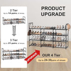 3 Row 4 Tier Long Shoe Rack, Black Metal Stackable Shoe Shelf with Multifunctional Hooks, Shoe Storage Hold 24-30 Pairs, Space Saving Shoe Organizer for Closet,Wide Shoe Rack - size: 3 Row 4 Tier