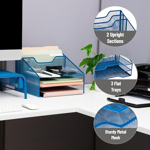 Mind Reader Metal Mesh Desktop File Organizer, 3-Tier Paper Tray with 5 Compartments, Office Mail Sorter, Turquoise - color: Turquoise