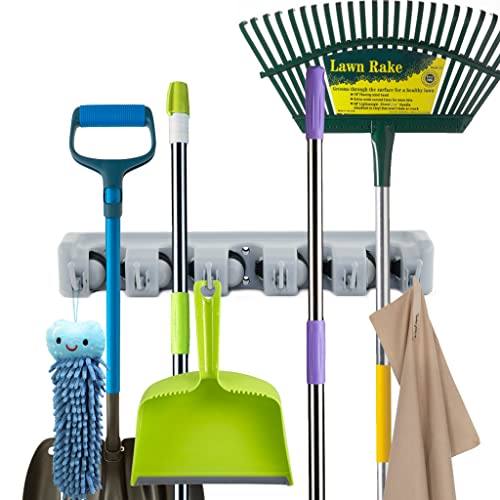 ForHauz Broom Holder with 5 Holding Positions & 6 Hooks, Easy Wall Mount Storage for Organizing Garage or Closet (Pack of 2) - size: 1 Count (Pack of 2)