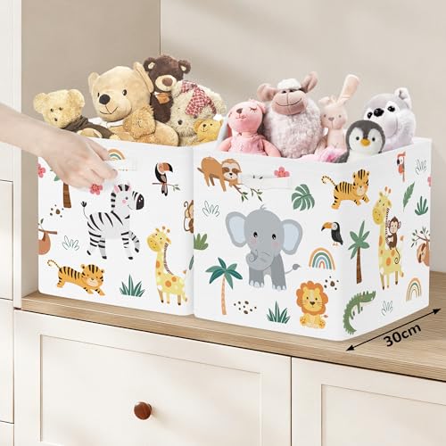 Clastyle Jungle Animal Storage Cube Organizer Set Tree Closet Clothes Cube with Metal Frame Foldable Parents Organizer Storage Basket for Book Toy,White,11.8x11.8x11.8 in - color: White